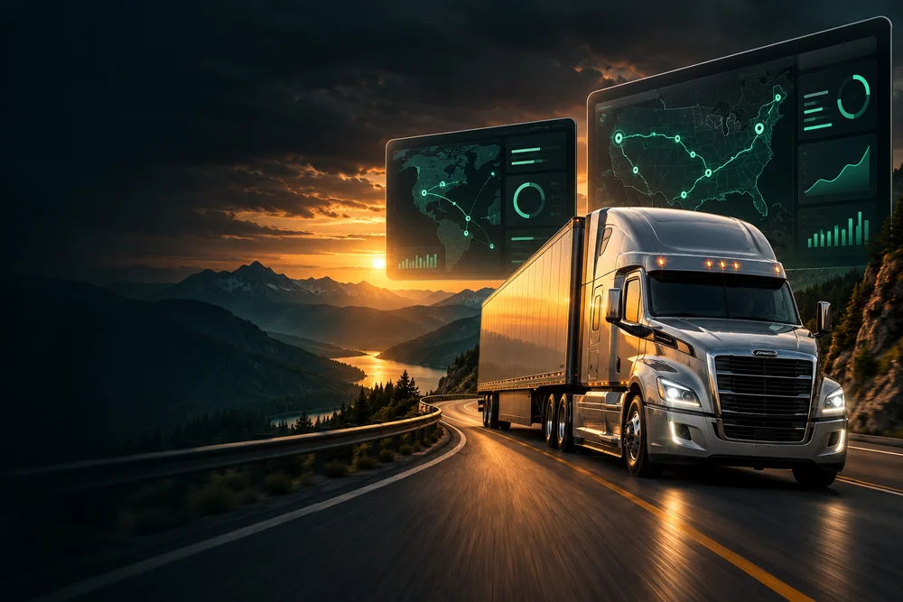 Illustrative silver semi truck with emerald route maps and transportation dashboards at sunset.
