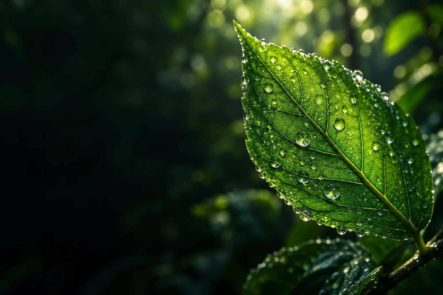 A dew-covered green leaf in a dark forest.